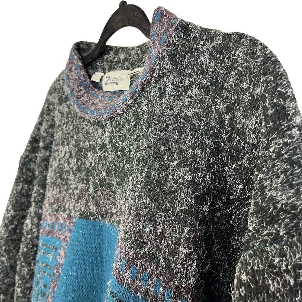 ZEPPELIN Vintage Blue & Charcoal Gray Pullover Long Sleeve Sweater Chunky Knit M - Picture 5 of 16